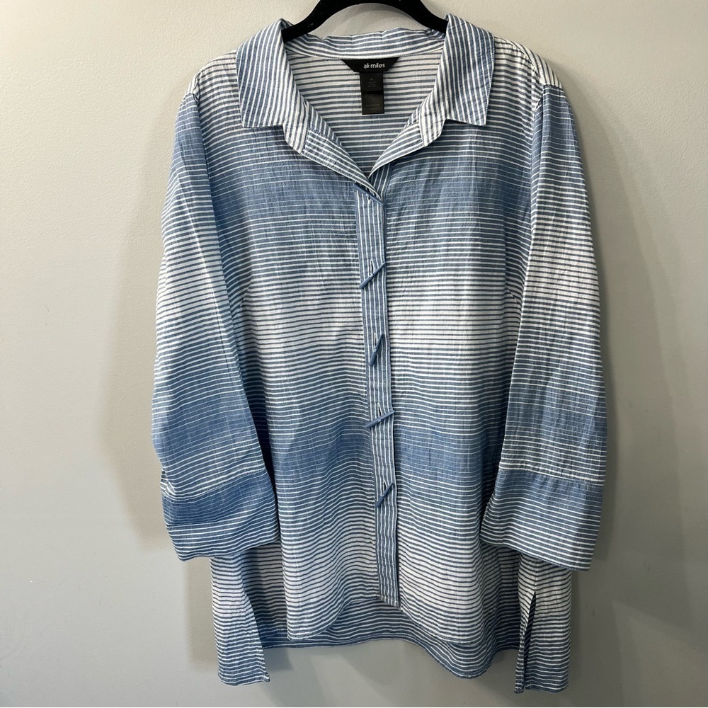Ali Miles Blue Striped 3/4 Length Sleeve Button Down Funky Cotton Shirt Medium